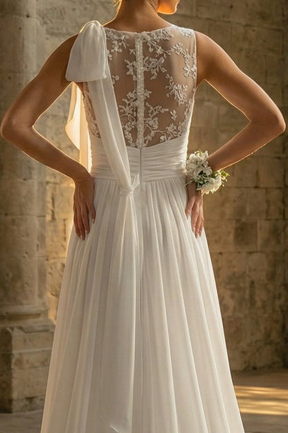 White A Line Sweep Train Beach Wedding Dress with Lace
