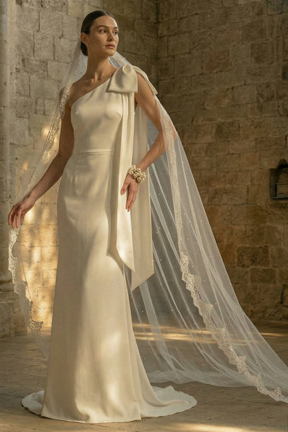 Maxi White Mermaid One Shoulder Beach Wedding Dress with Bow