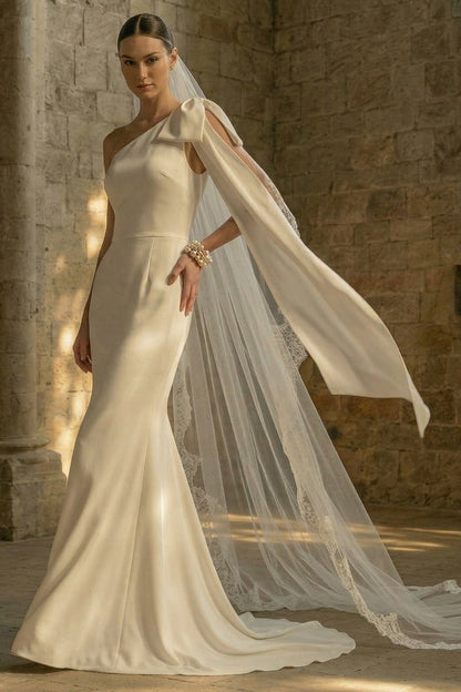 Maxi White Mermaid One Shoulder Beach Wedding Dress with Bow