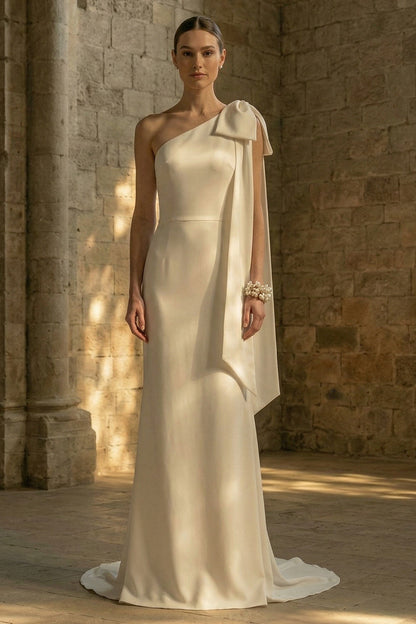 Maxi White Mermaid One Shoulder Beach Wedding Dress with Bow