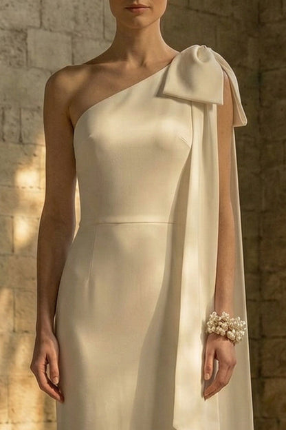 Maxi White Mermaid One Shoulder Beach Wedding Dress with Bow