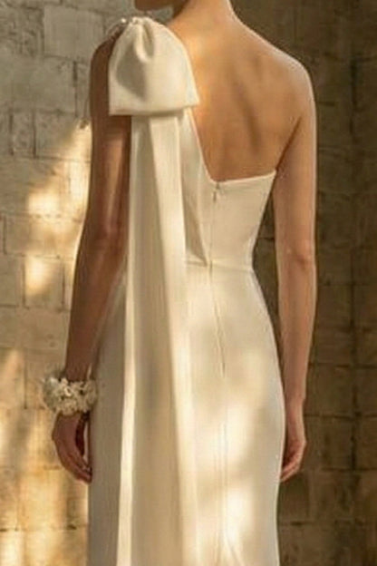 Maxi White Mermaid One Shoulder Beach Wedding Dress with Bow