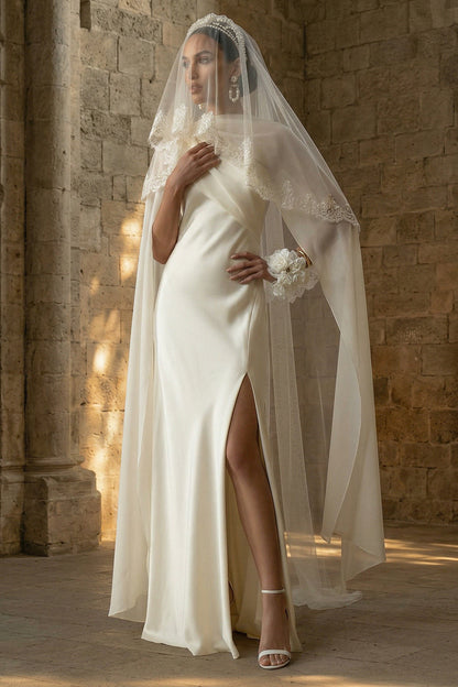 White Maxi Sheath Beach Wedding Dress with Cape