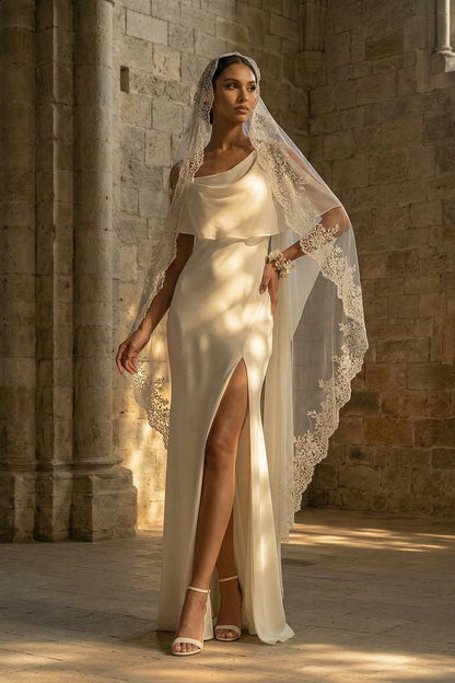 Sheath Maxi White Spaghetti Straps Beach Wedding Dress with Cape