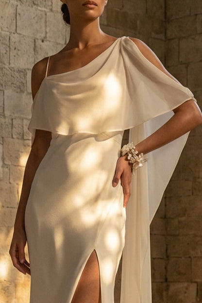 Sheath Maxi White Spaghetti Straps Beach Wedding Dress with Cape