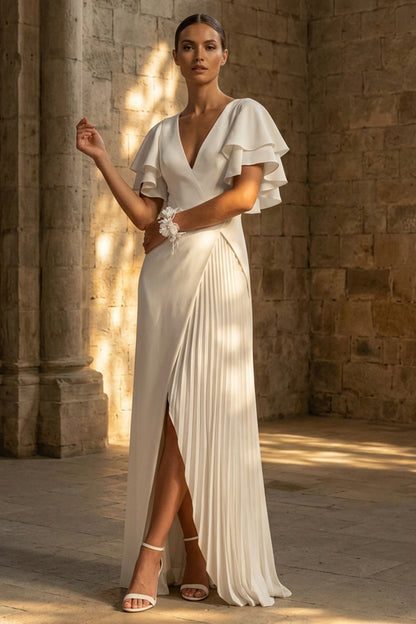 Maxi White A Line Pleated Beach Wedding Dress with Slit