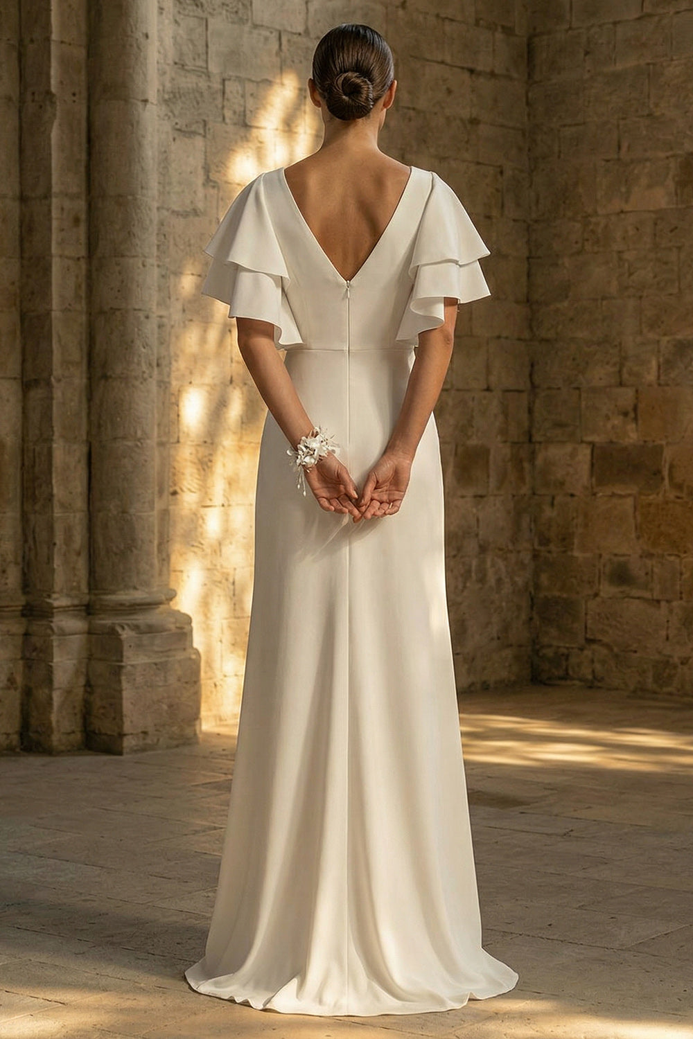 Maxi White A Line Pleated Beach Wedding Dress with Slit