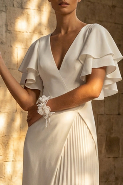 Maxi White A Line Pleated Beach Wedding Dress with Slit