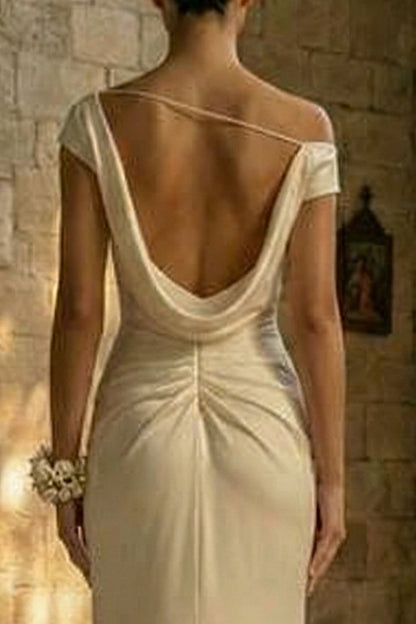 White Sheath Ruched Maxi Beach Wedding Dress with Slit