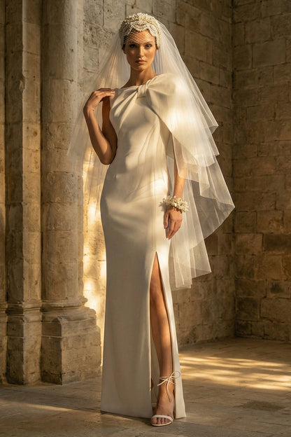 White Mermaid Maxi Beach Wedding Dress with Slit