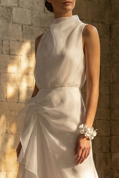 Sheath Maxi High Neck Ruched Beach Wedding Dress
