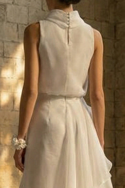 Sheath Maxi High Neck Ruched Beach Wedding Dress