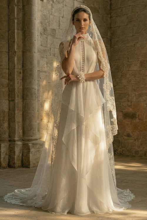 Maxi High Neck A Line White Beach Wedding Dress with Ruffles