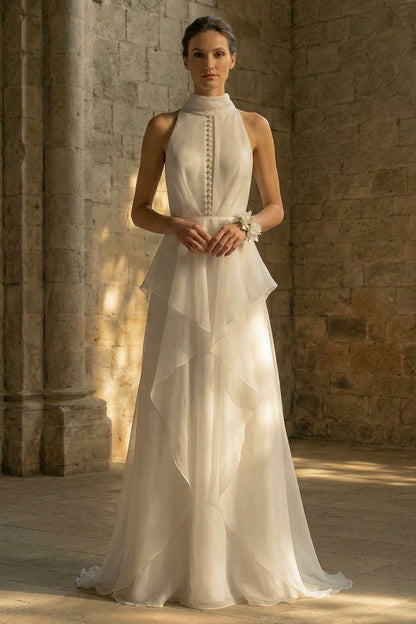 Maxi High Neck A Line White Beach Wedding Dress with Ruffles