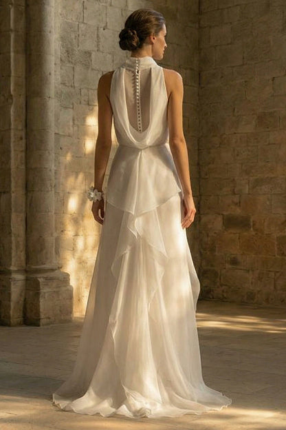 Maxi High Neck A Line White Beach Wedding Dress with Ruffles