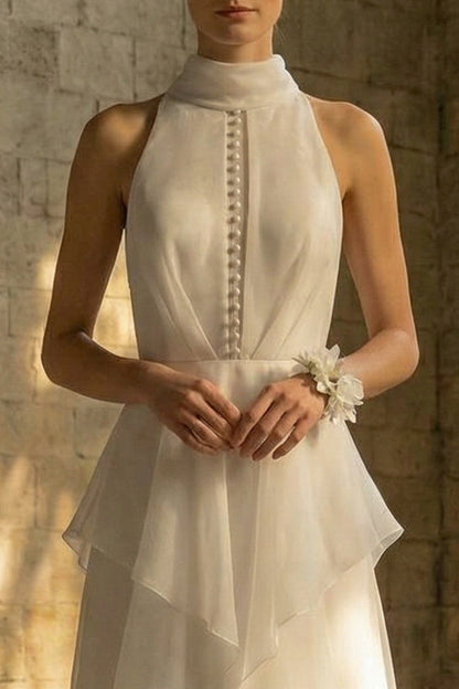 Maxi High Neck A Line White Beach Wedding Dress with Ruffles