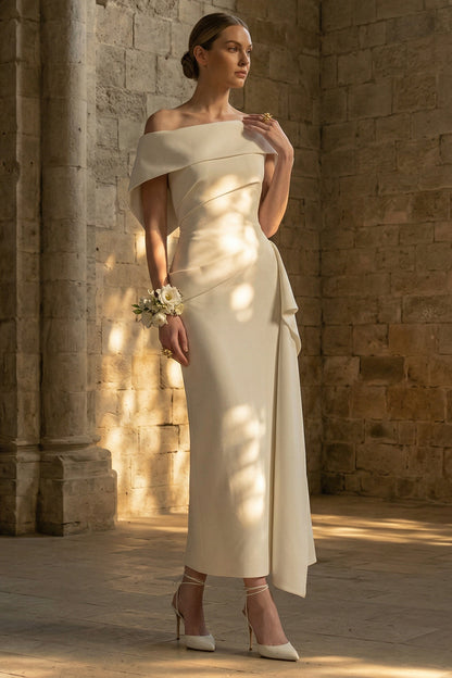 Sheath White Maxi Ruched Beach Wedding Dress with Side Cape