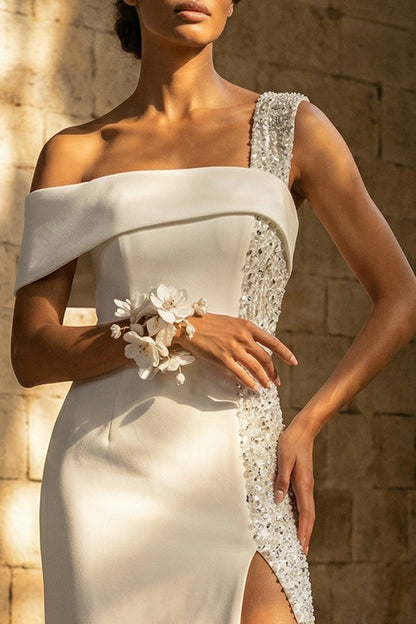 Sheath Maxi White Beaded Beach Wedding Dress with Slit