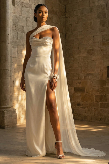 Maxi Sheath One Shoulder White Beach Wedding Dress with Side Cape