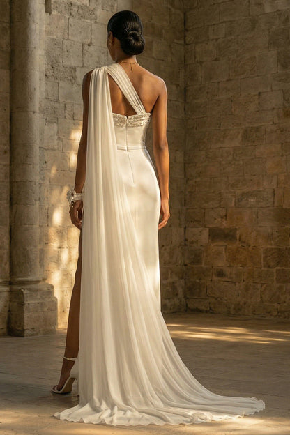 Maxi Sheath One Shoulder White Beach Wedding Dress with Side Cape