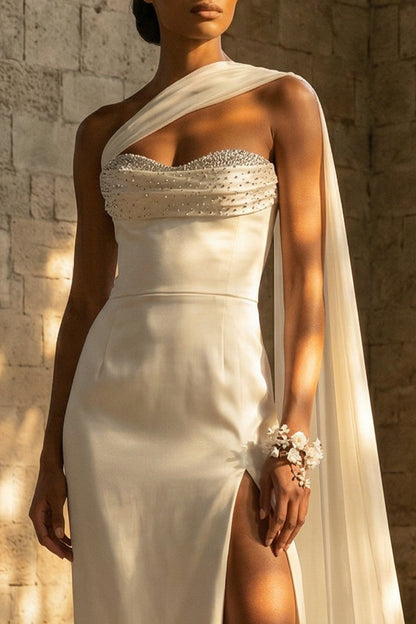 Maxi Sheath One Shoulder White Beach Wedding Dress with Side Cape