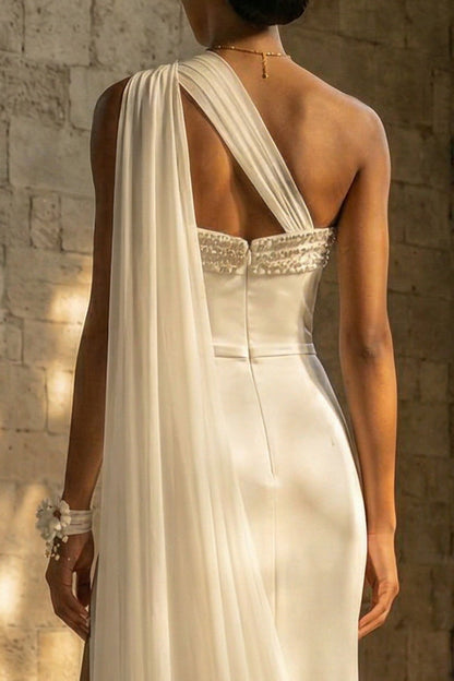 Maxi Sheath One Shoulder White Beach Wedding Dress with Side Cape