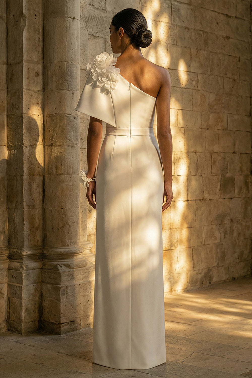 Floral Maxi Sheath White Beach Wedding Dress with Slit