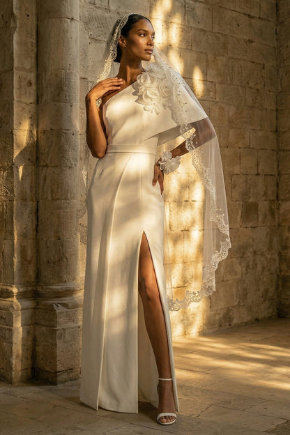 Floral Maxi Sheath White Beach Wedding Dress with Slit