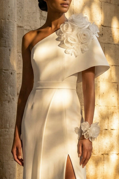 Floral Maxi Sheath White Beach Wedding Dress with Slit