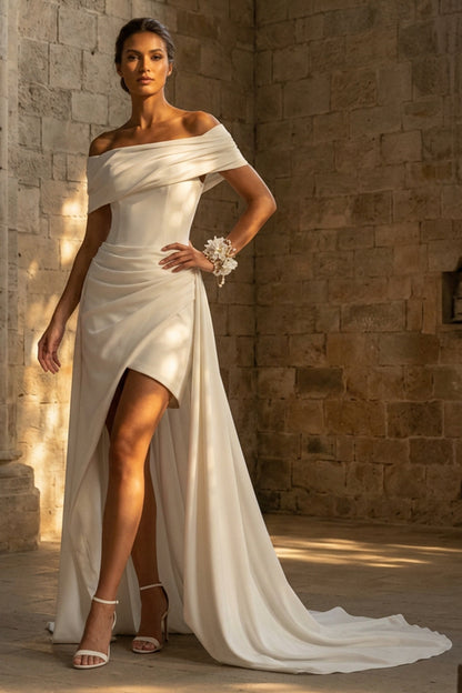 Maxi A Line Ruched White Beach Wedding Dress with Slit