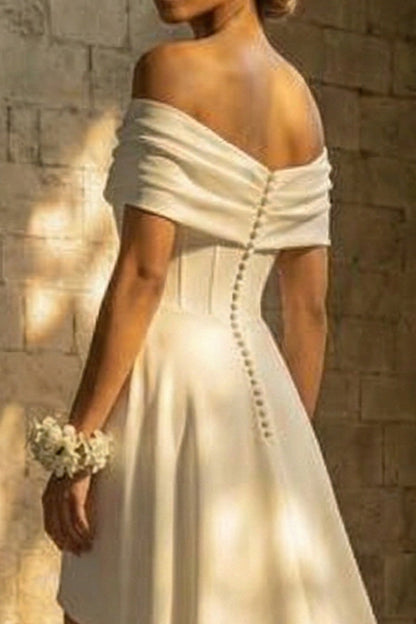 Maxi A Line Ruched White Beach Wedding Dress with Slit