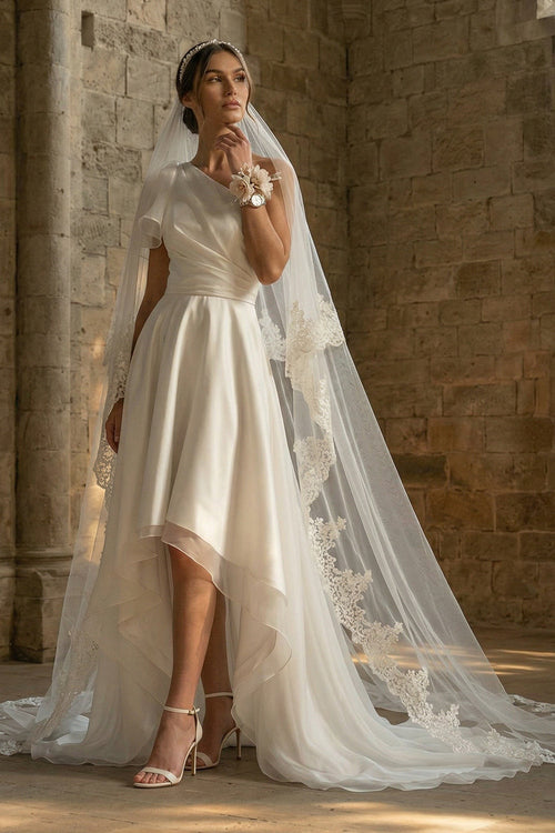 A Line Ruched Asymmetrical White Beach Wedding Dress with Ruffles