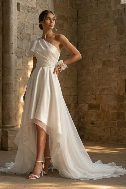 A Line Ruched Asymmetrical White Beach Wedding Dress with Ruffles