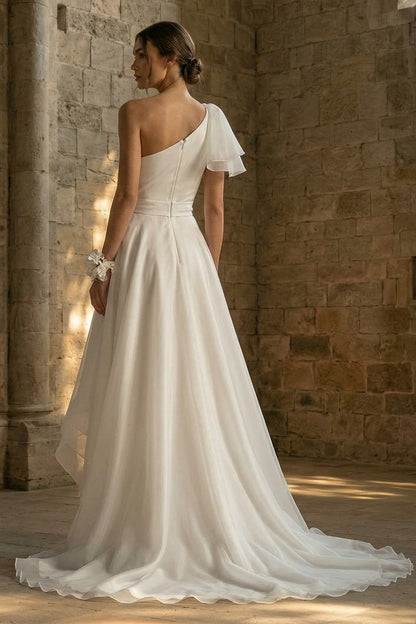 A Line Ruched Asymmetrical White Beach Wedding Dress with Ruffles