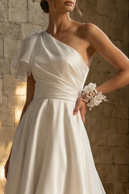 A Line Ruched Asymmetrical White Beach Wedding Dress with Ruffles