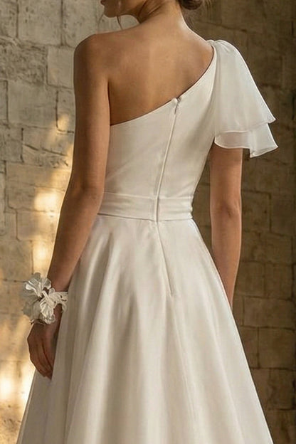 A Line Ruched Asymmetrical White Beach Wedding Dress with Ruffles