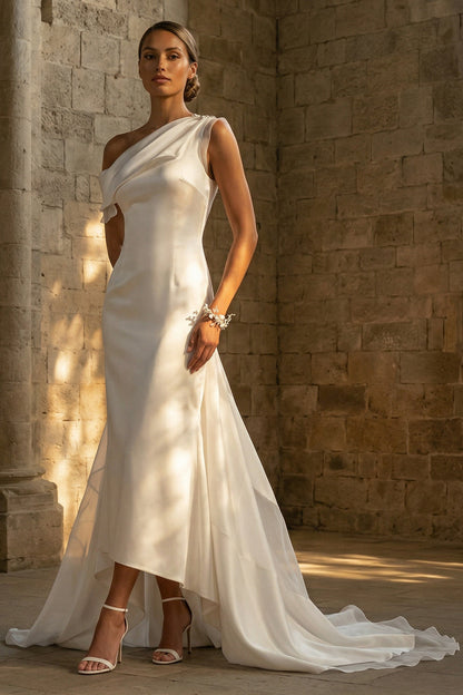 White High Low One Shoulder Beach Wedding Dress with Cape