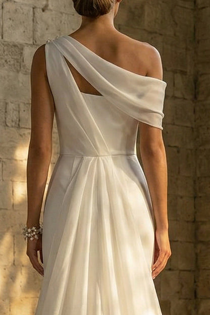 White High Low One Shoulder Beach Wedding Dress with Cape