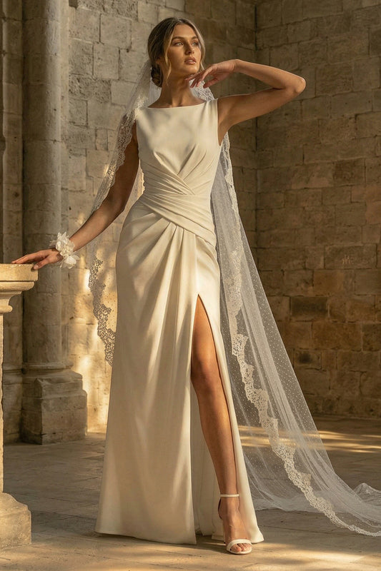 White Ruched Maxi Sheath Beach Wedding Dress with Slit