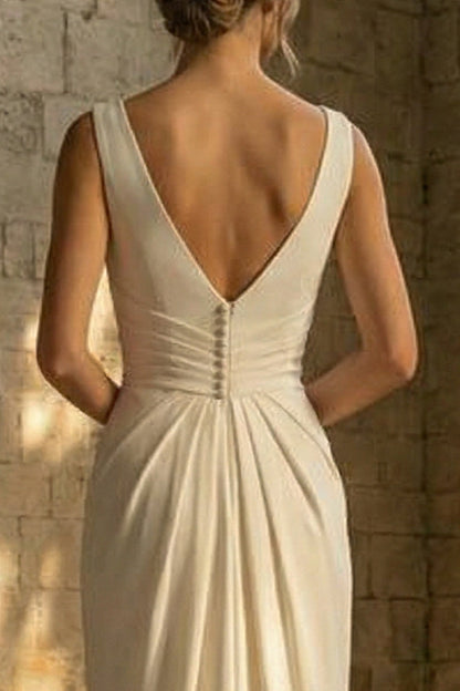 White Ruched Maxi Sheath Beach Wedding Dress with Slit