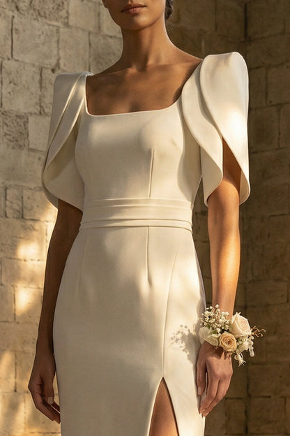 White Square Neck Maxi Sheath Boho Wedding Dress with Slit