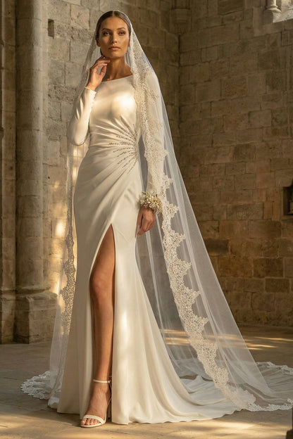 Maxi White Bateau Neck Backless Mermaid Beach Wedding Dress with Slit