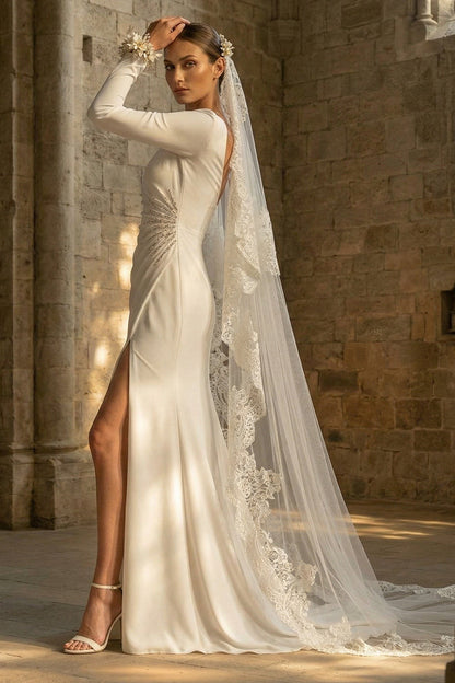 Maxi White Bateau Neck Backless Mermaid Beach Wedding Dress with Slit
