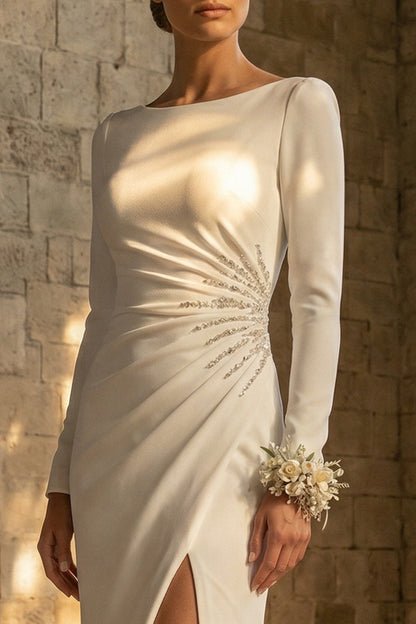 Maxi White Bateau Neck Backless Mermaid Beach Wedding Dress with Slit