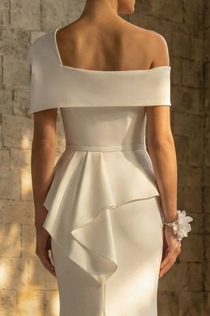 White Ruched Sweep Train Mermaid One Shoulder Boho Wedding Dress with Ruffles