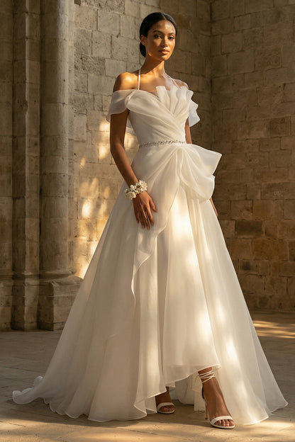 Ruched Halter A Line White Sweep Train Boho Wedding Dress with Ruffles