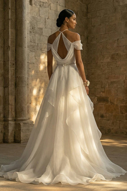 Ruched Halter A Line White Sweep Train Boho Wedding Dress with Ruffles