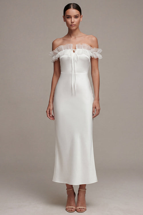 Sheath Maxi White Off the Shoulder Beach Wedding Dress with Ruffles