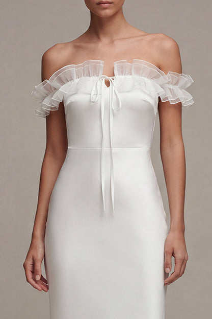Sheath Maxi White Off the Shoulder Beach Wedding Dress with Ruffles