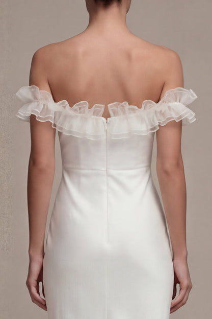 Sheath Maxi White Off the Shoulder Beach Wedding Dress with Ruffles